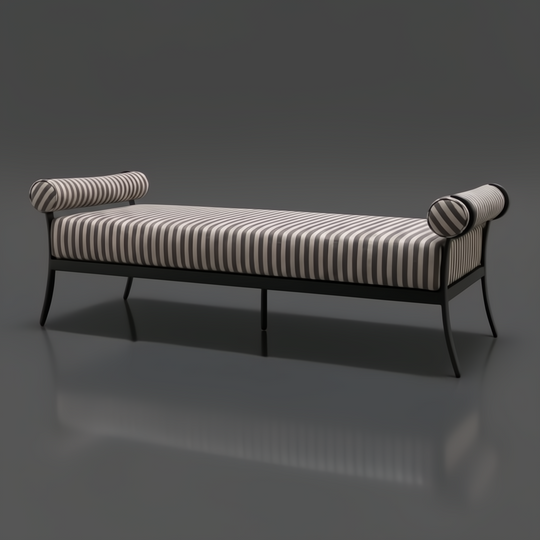 Surya Antibes outdoor bench with brown and beige striped Sunbrella upholstery, black aluminum base, and bolster arms.