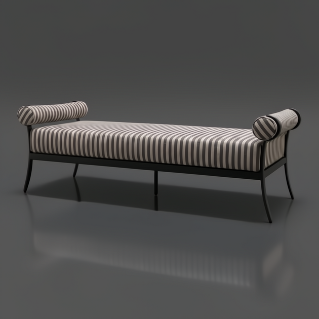 Surya Antibes outdoor bench with brown and beige striped Sunbrella upholstery, black aluminum base, and bolster arms.