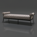 Surya Antibes outdoor bench with brown and beige striped Sunbrella upholstery, black aluminum base, and bolster arms.