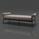 Surya Antibes outdoor bench with brown and beige striped Sunbrella upholstery, black aluminum base, and bolster arms.