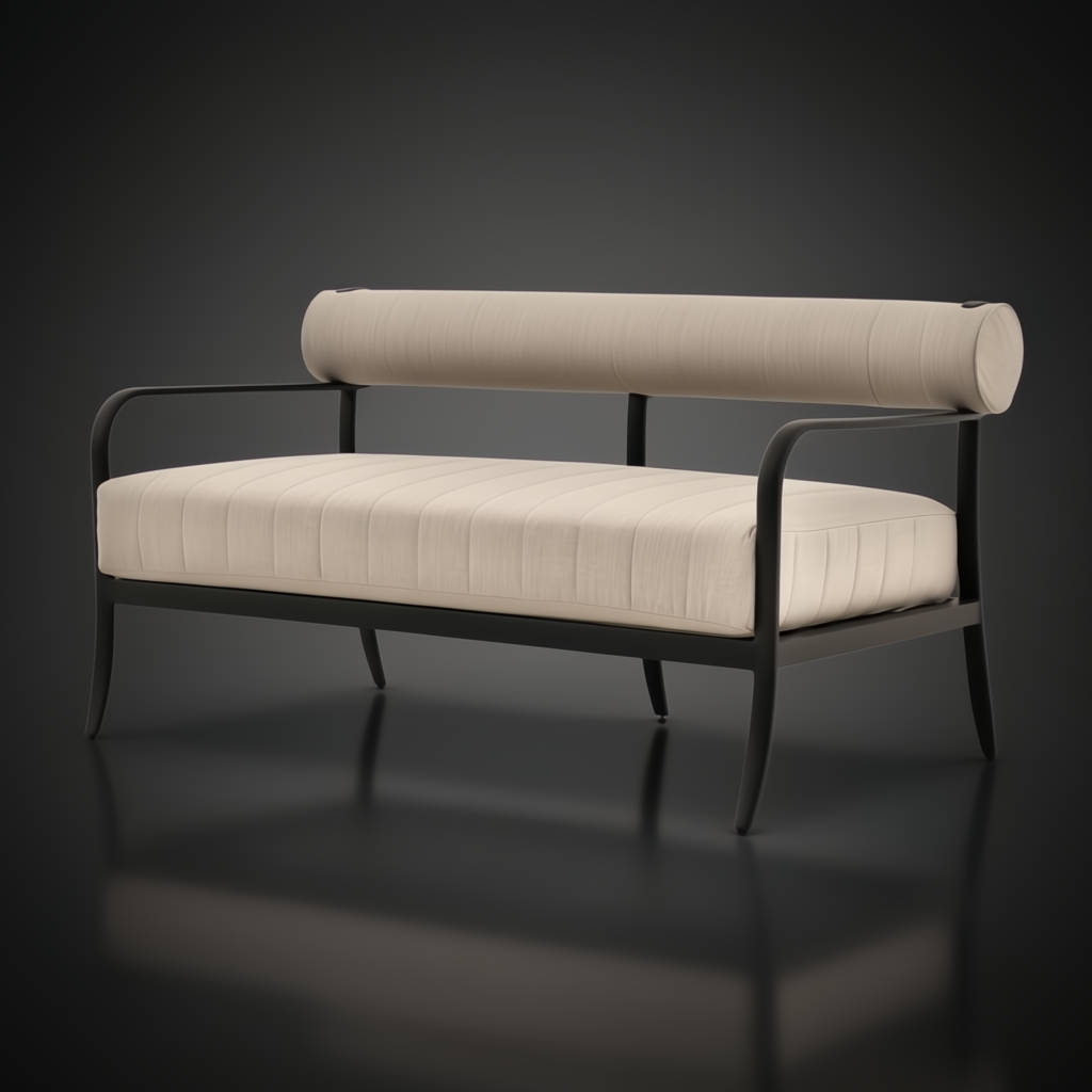 Surya Antibes Loveseat with black aluminum frame and light beige Sunbrella acrylic cushions.