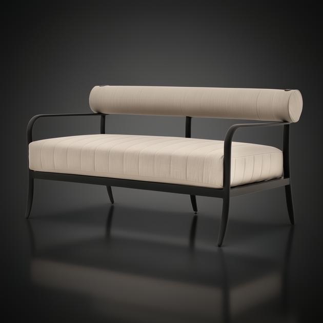 Surya Antibes Loveseat with black aluminum frame and light beige Sunbrella acrylic cushions.
