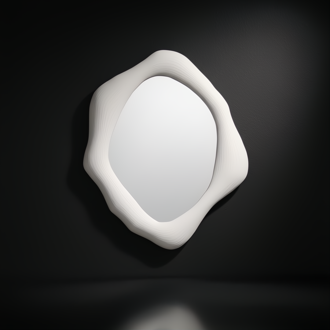 Surya AERI-001 accent mirror with a unique specialty shape, lacquered white concrete frame, 50" H x 48" W.