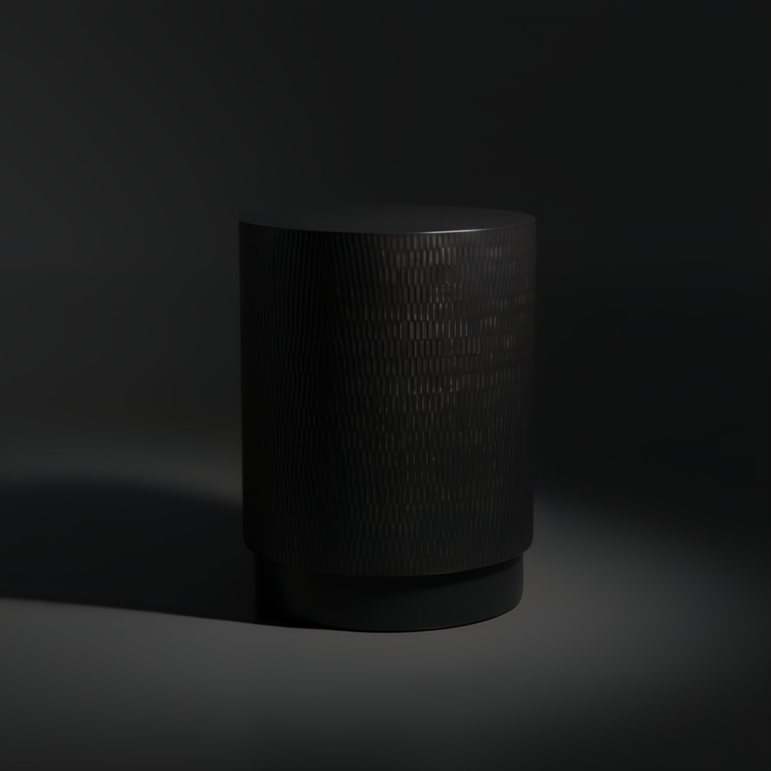 Surya Amenet black iron end table with hammered detail, 19"H x 15"W, compact round design.