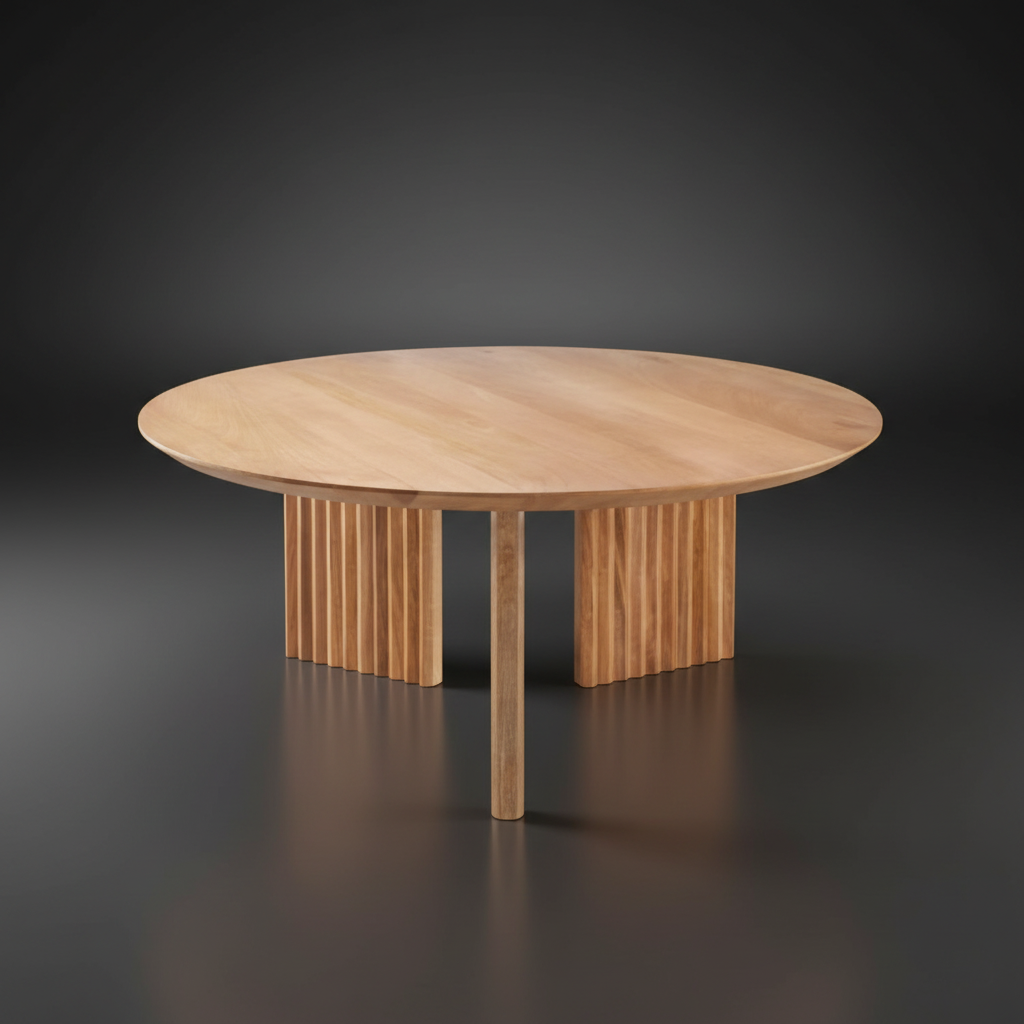Round brown lacquered mango wood coffee table with a beveled edge top and zigzag fluted legs.