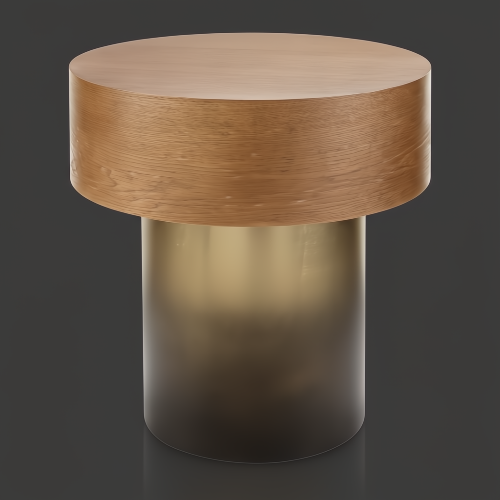 Surya Russula 22"H round end table with dark brown oak top and metallic gold iron base.