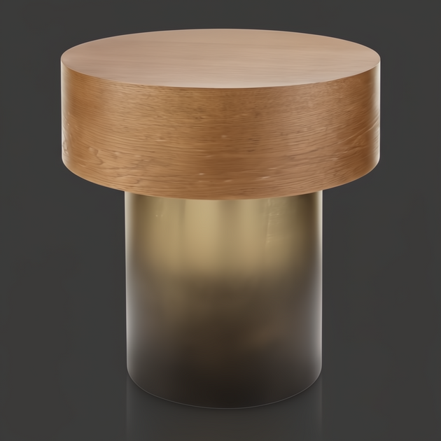 Surya Russula 22"H round end table with dark brown oak top and metallic gold iron base.