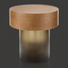 Surya Russula 22"H round end table with dark brown oak top and metallic gold iron base.