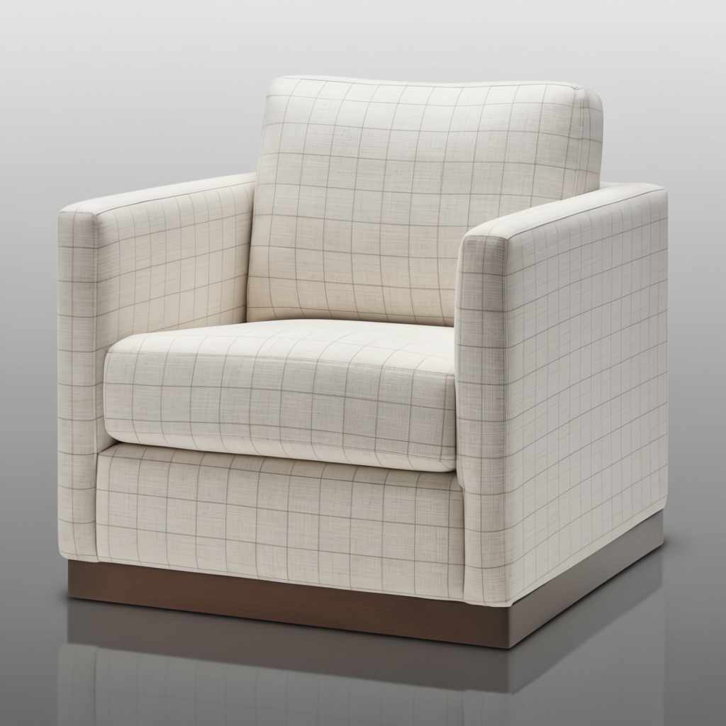 Surya Glendon swivel chair, light beige polyester-linen with subtle plaid pattern and brown wood base.