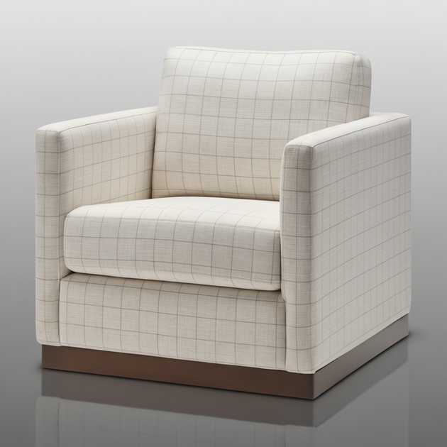 Surya Glendon swivel chair, light beige polyester-linen with subtle plaid pattern and brown wood base.