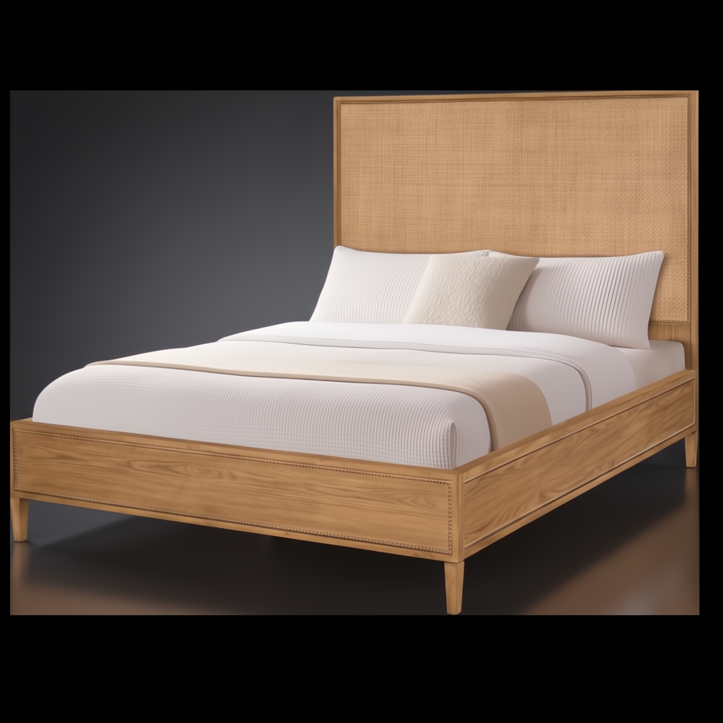 Hermosa Wood Bed with natural oak veneer, framed rattan headboard, and hobnail details.