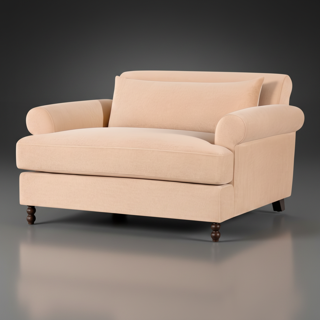 Surya Elowena accent chair with light beige polyester upholstery, rolled arms, and dark brown wooden legs.