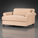 Surya Elowena accent chair with light beige polyester upholstery, rolled arms, and dark brown wooden legs.