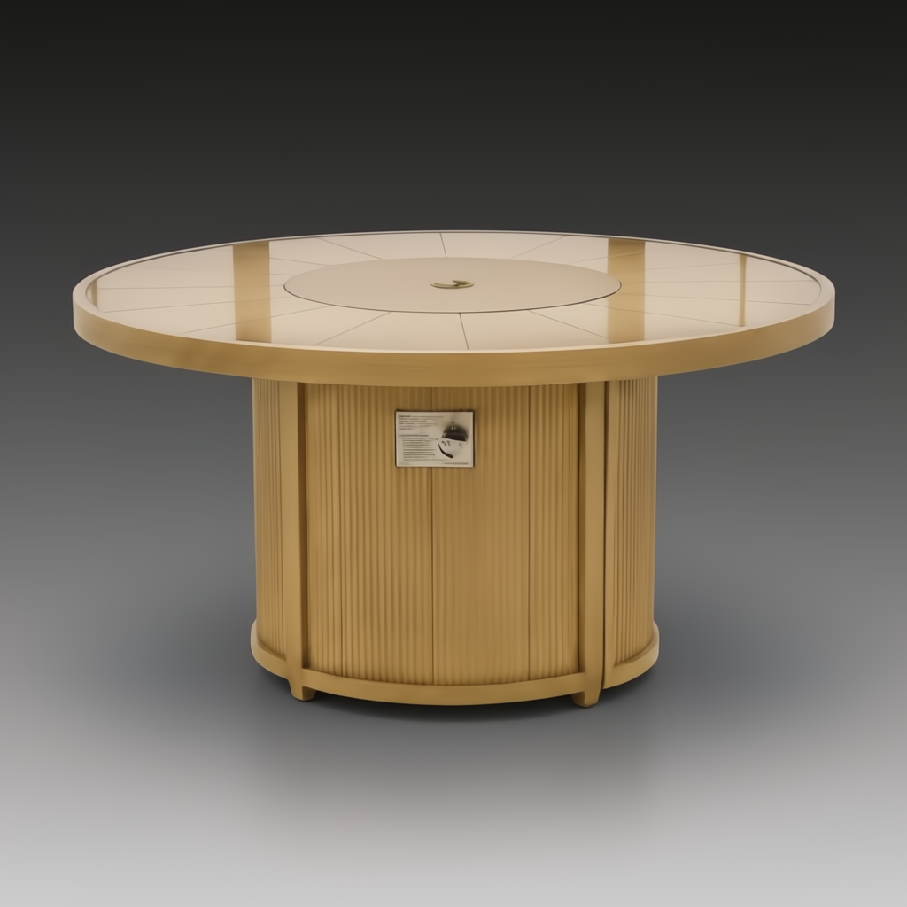 Surya Cape Town 50" round wheat hand-painted aluminum fire table with sculptural design.