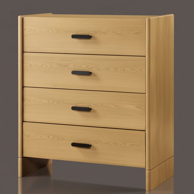 Bodo Dresser, minimalist modern brown natural wood veneer dresser with four drawers and black metal pulls.