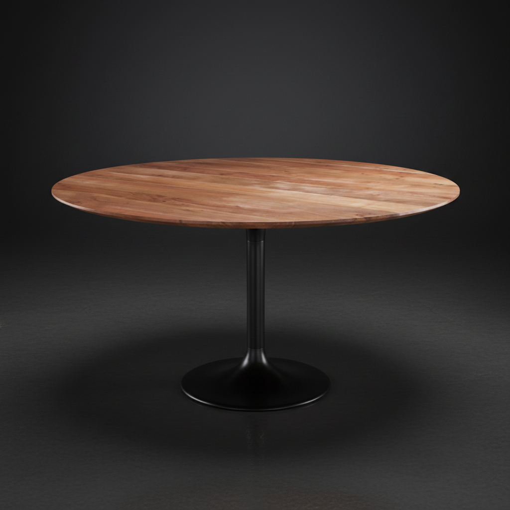Round Surya Anatalia dining table with a brown natural acacia top and black powder-coated iron base.