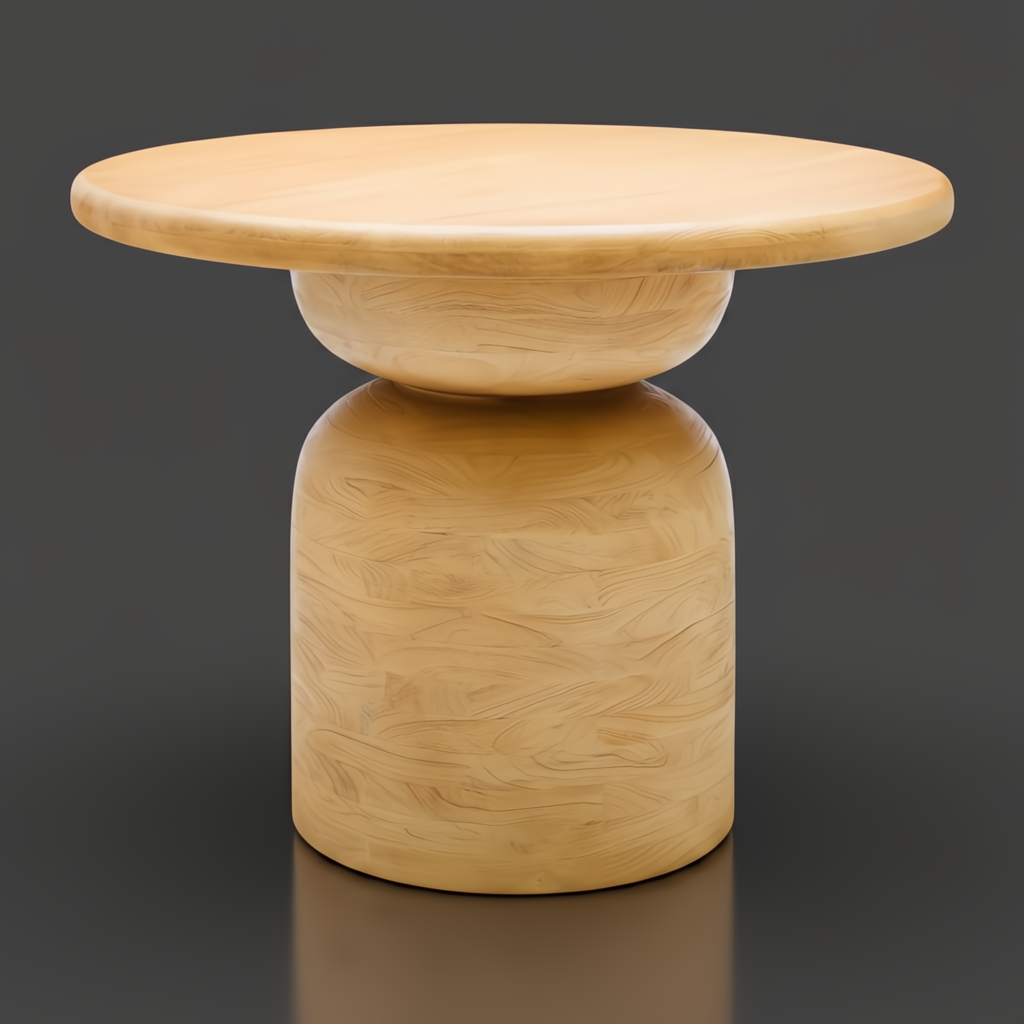 Round beige mango wood dining table with a unique pedestal base, 30"H x 39"W.