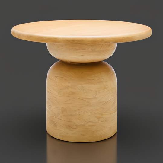 Round beige mango wood dining table with a unique pedestal base, 30"H x 39"W.