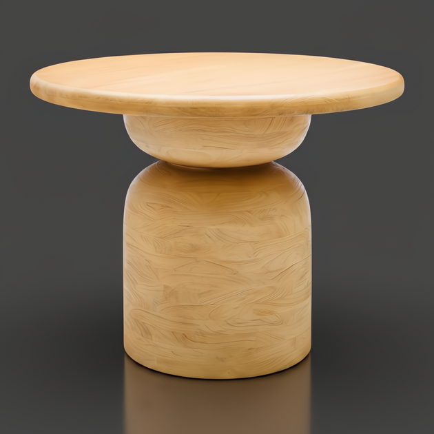 Round beige mango wood dining table with a unique pedestal base, 30"H x 39"W.