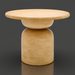 Round beige mango wood dining table with a unique pedestal base, 30"H x 39"W.