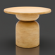 Round beige mango wood dining table with a unique pedestal base, 30"H x 39"W.