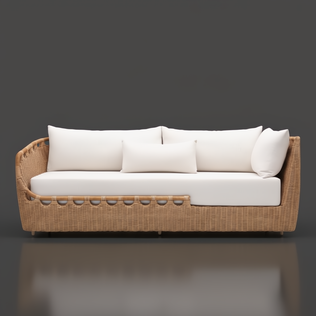 Marvella sectional with light beige cushions, natural woven rattan base, and left armrest.