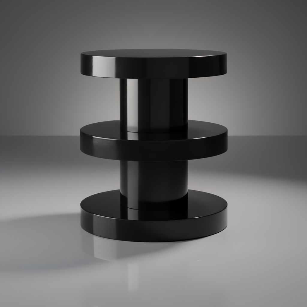 Minimalist modern black iron end table with a sleek, cylindrical design and three stacked platforms.