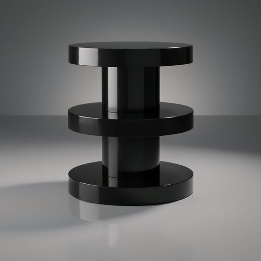 Minimalist modern black iron end table with a sleek, cylindrical design and three stacked platforms.