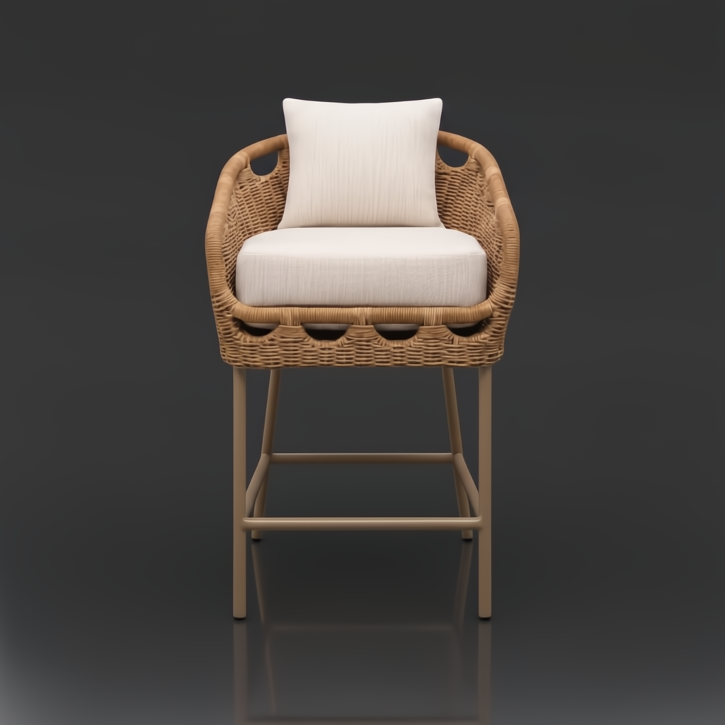 Surya Marvella outdoor bar stool with natural wicker back, light beige Sunbrella cushions, and dark brown aluminum base.