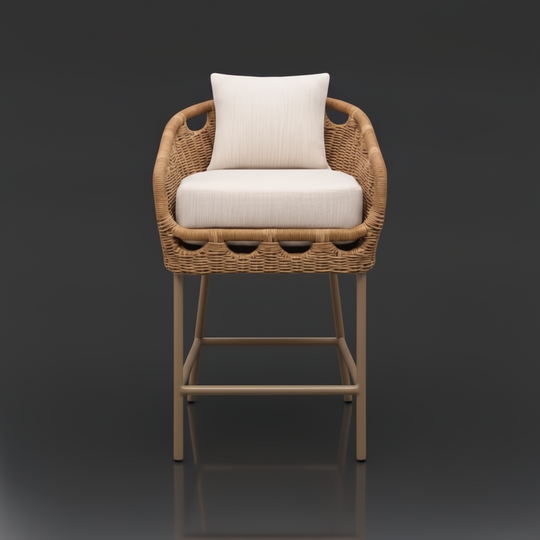 Surya Marvella outdoor bar stool with natural wicker back, light beige Sunbrella cushions, and dark brown aluminum base.
