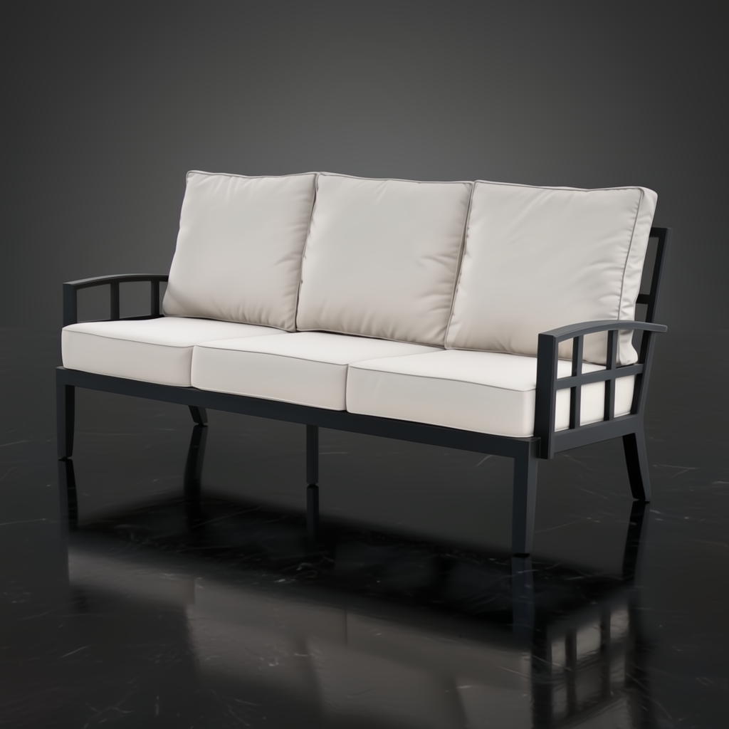Surya Fairborn outdoor sofa with dark metal frame and light beige cushions.