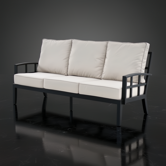 Surya Fairborn outdoor sofa with dark metal frame and light beige cushions.