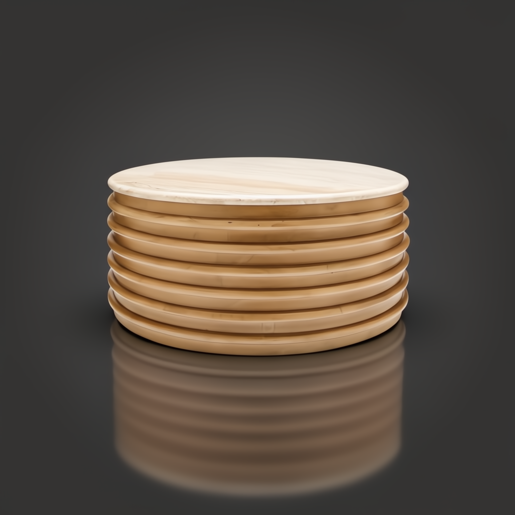 Beige polished marble top Surya Redondo coffee table with a ribbed lacquered mango wood base.