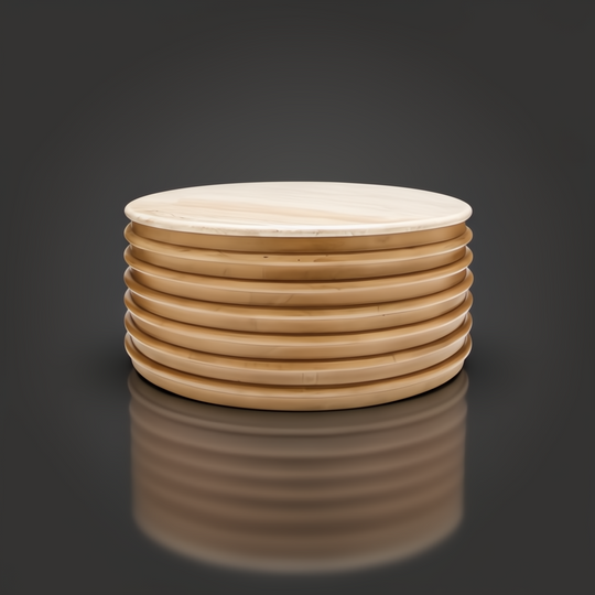 Beige polished marble top Surya Redondo coffee table with a ribbed lacquered mango wood base.