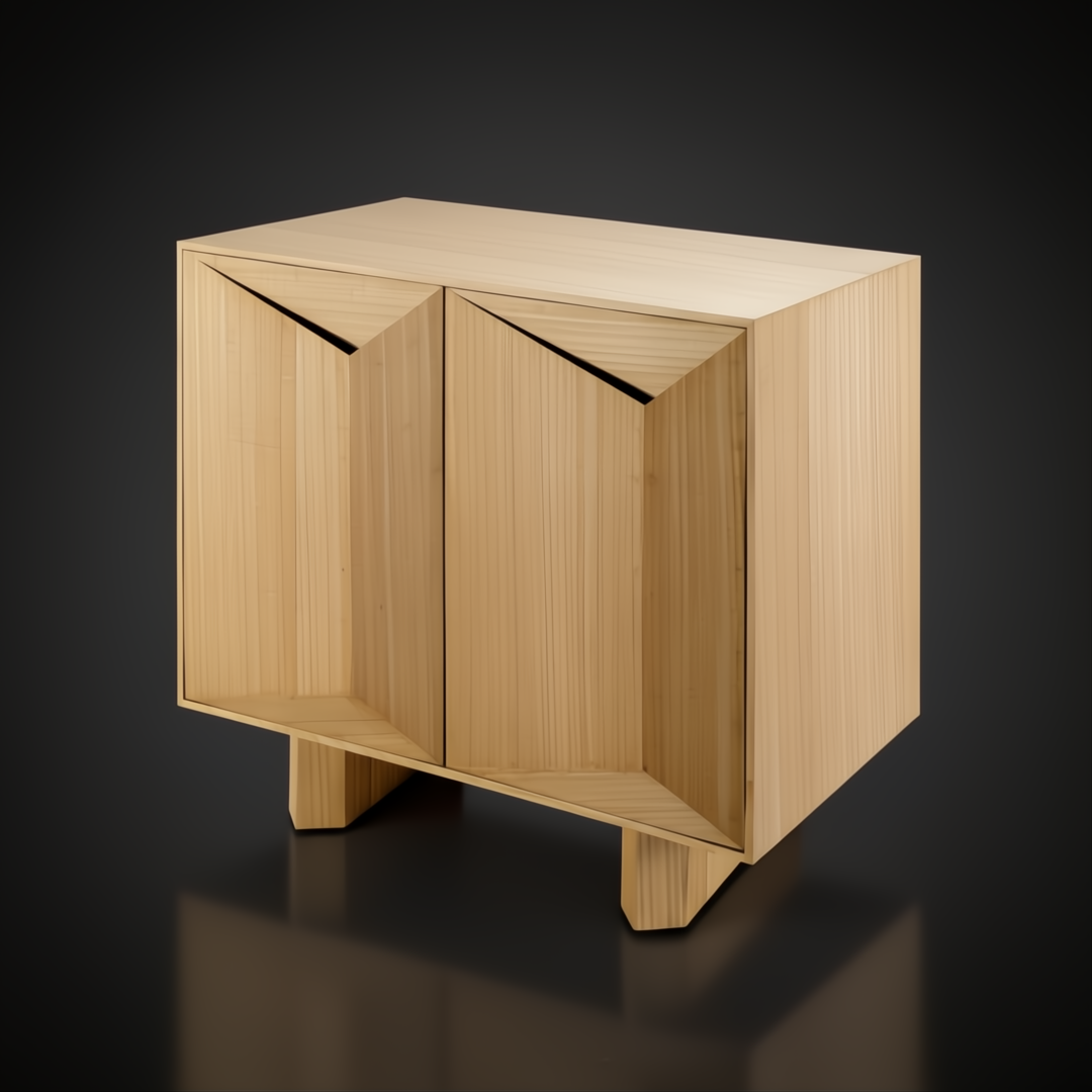 Surya Scalene Cabinet: minimalist modern eucalyptus veneer cabinet with clear finish and geometric doors.