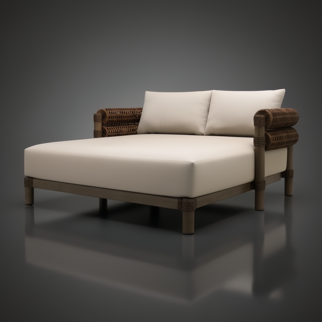 Surya Porta Daybed: Outdoor-safe daybed with beige Sunbrella® cushions, brown hand-painted aluminum base, and handwoven PE wicker details.