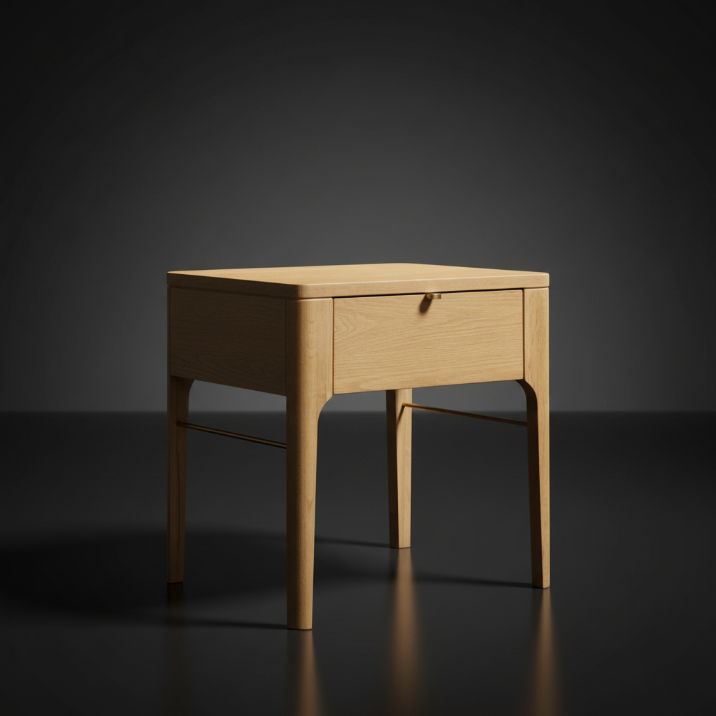 Light brown oak veneer end table with a single drawer, rounded edges, and metallic brass accents.