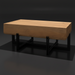 Minimalist Surya Lowmax coffee table with a thick brown mango wood top and black cast iron base.