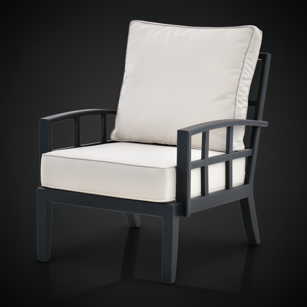 Surya Fairborn outdoor accent chair with black aluminum frame and cream Sunbrella cushions.