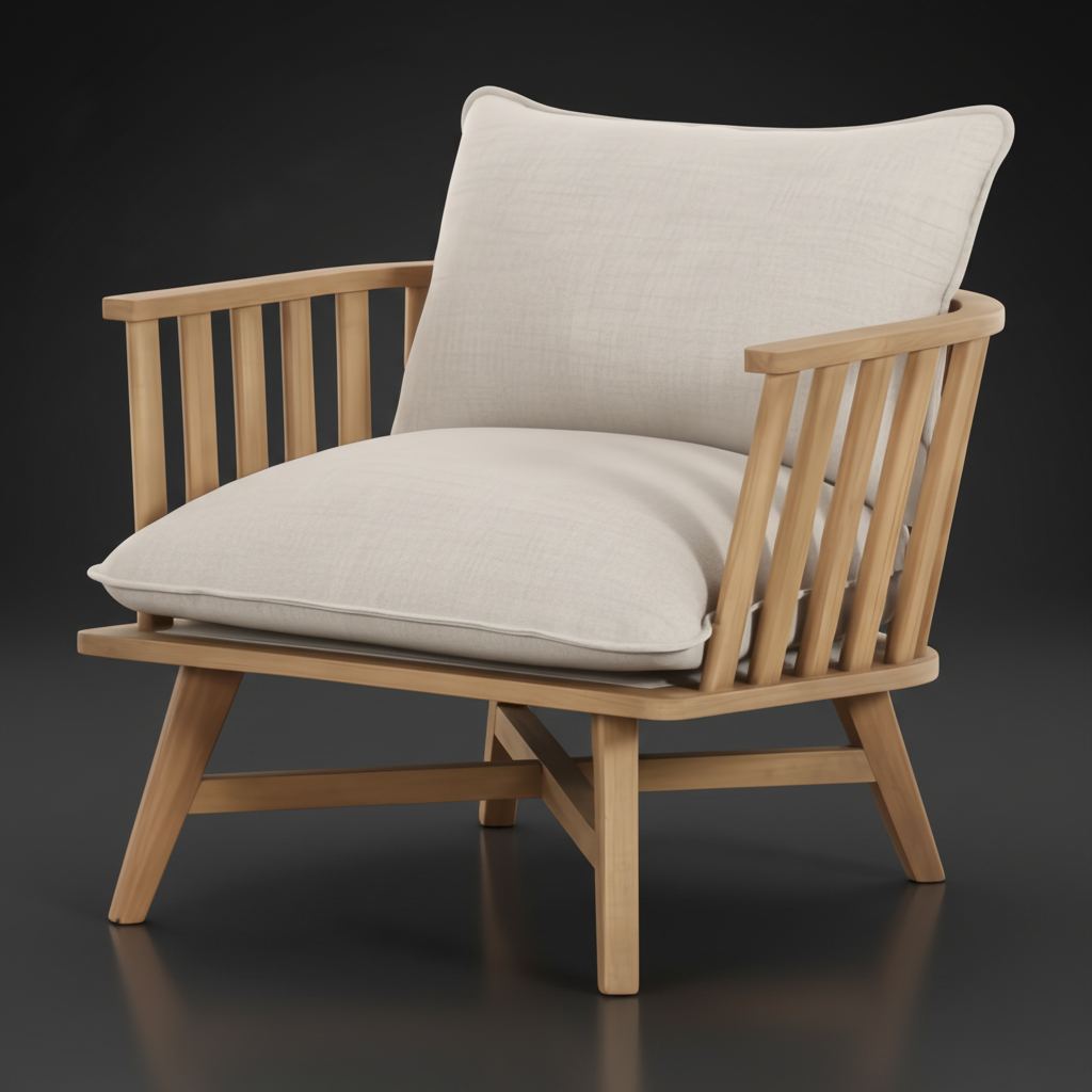 Surya Arco Accent Chair with light beige linen cushions and a natural wood slatted frame.