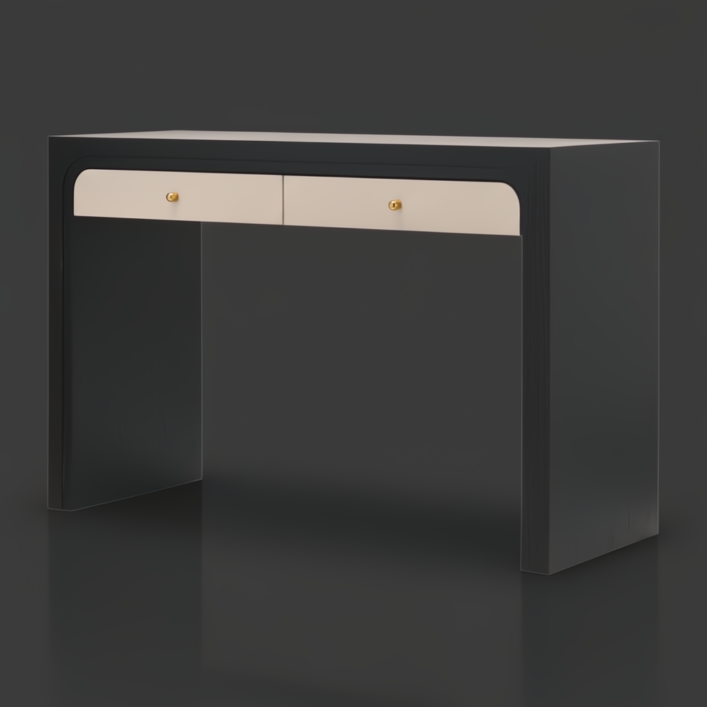Surya Helene Console Table with black lacquered oak veneer, natural resin grasscloth drawers, and brass knobs.