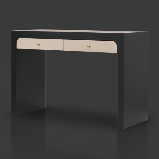 Surya Helene Console Table with black lacquered oak veneer, natural resin grasscloth drawers, and brass knobs.