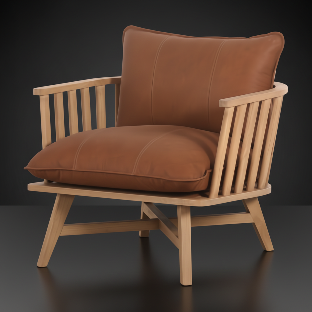 Surya Arco brown leather accent chair with a light beechwood slatted frame and cushions.