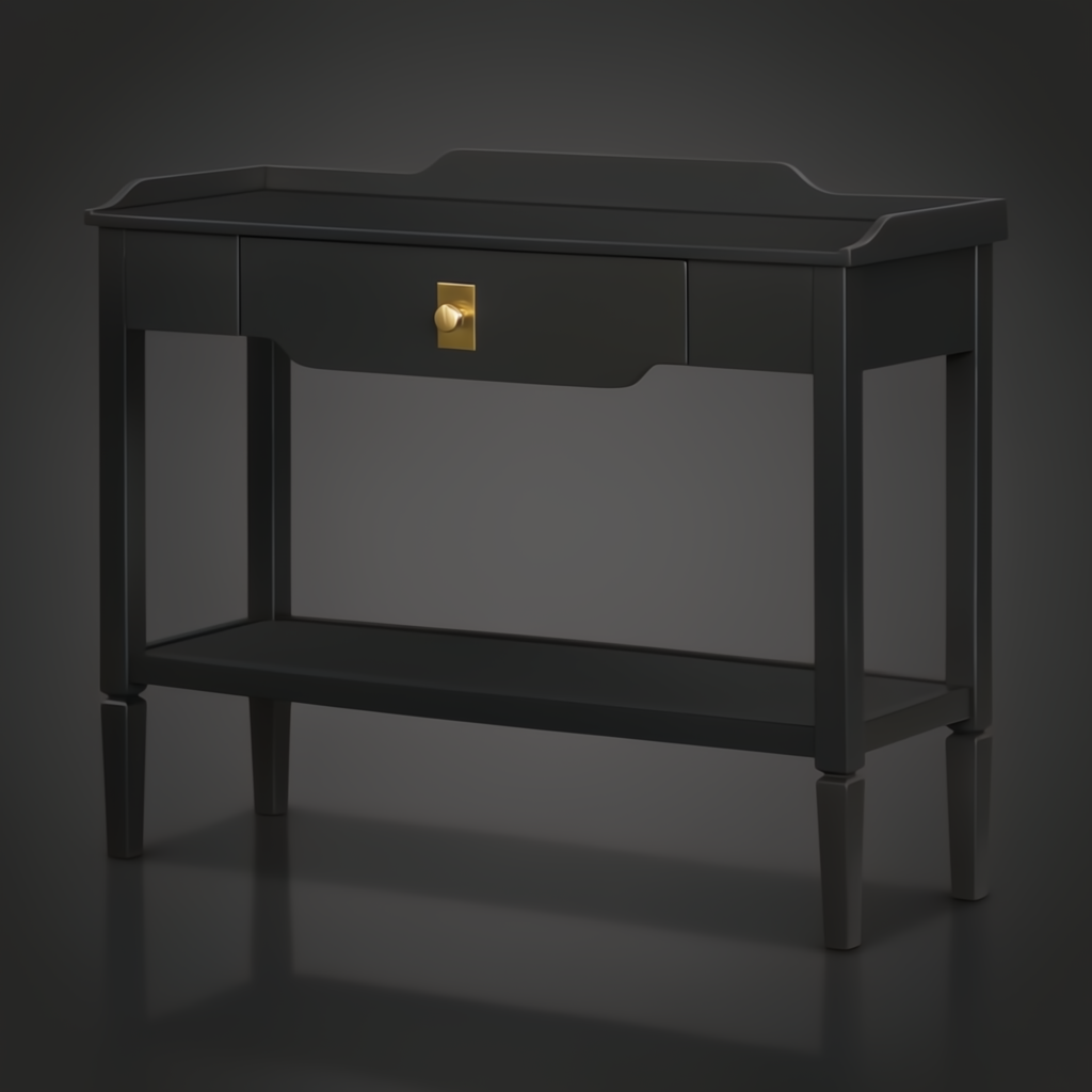 Black Surya Doheny console table with gold knob, soft-close drawer, gallery top, and shallow tray shelf.