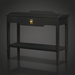 Black Surya Doheny console table with gold knob, soft-close drawer, gallery top, and shallow tray shelf.