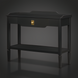 Black Surya Doheny console table with gold knob, soft-close drawer, gallery top, and shallow tray shelf.