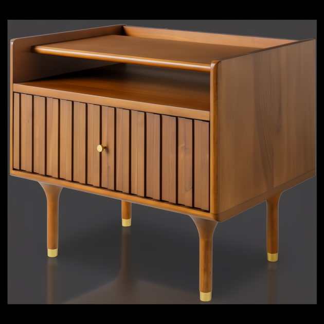 Brown Madri nightstand with minimalist modern design, open shelf, fluted drawer, and gold-capped legs.
