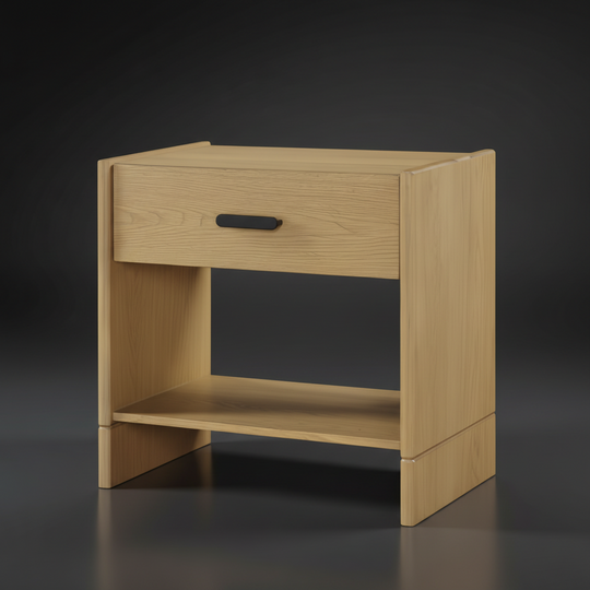 Bodo Nightstand: minimalist modern brown oak nightstand with a white marble top, single drawer, and open shelf.