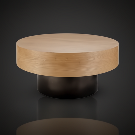 Surya Russula round oak coffee table with a brown top and metallic nickel iron base.
