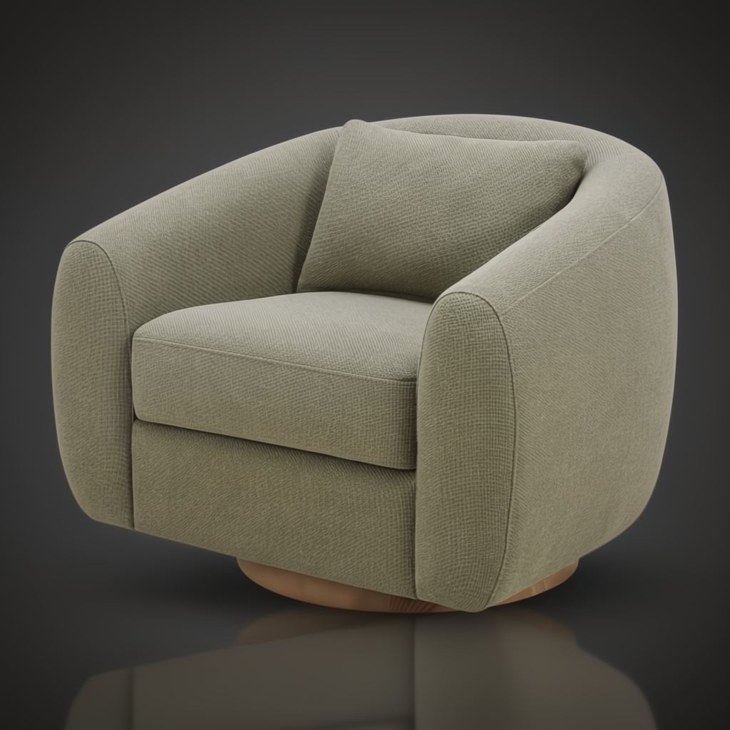 Surya Loma grass green upholstered swivel chair with a brown ash wood base and pillow.